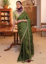 Viscose Sattin Green Party Wear Embroidery Work Saree